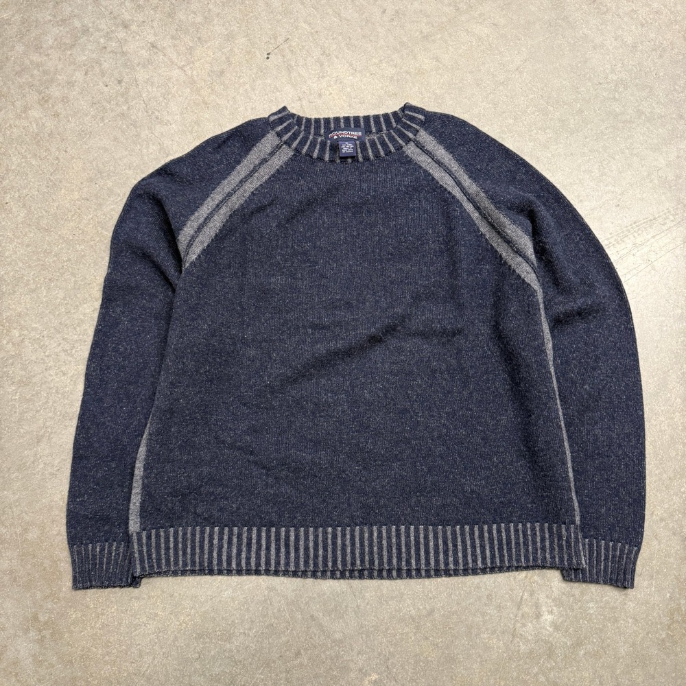 Roundtree & Yorke Mens XL Wool Cotton Blend Navy Blue Raglan Striped Sweater